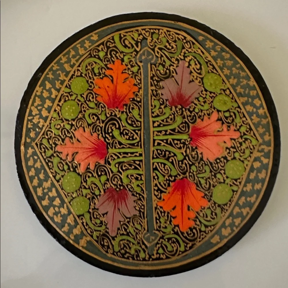 Vintage Floral Botanical Hand Painted Papier-Mache Coaster Set In A Matching Box